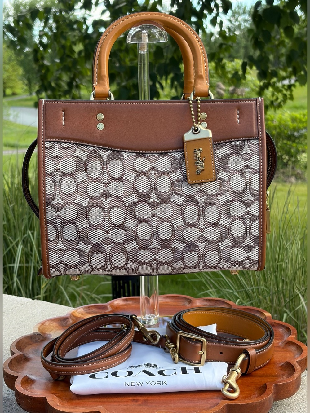 Coach Rogue 25 Signature Textile Jacquard Coco Amber Leather C6444 NWT
